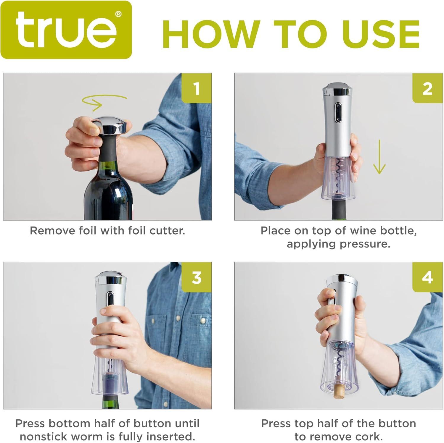 True Lux Electric Wine Opener, Rechargeable Corkscrew with Charger, Silver