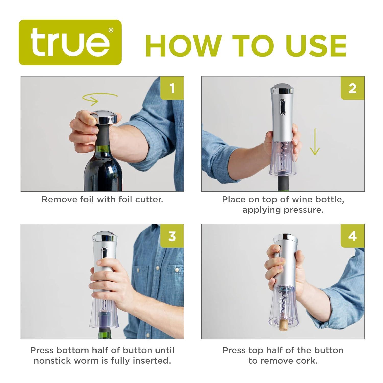 True Lux Electric Wine Opener, Rechargeable Corkscrew with Charger, Silver