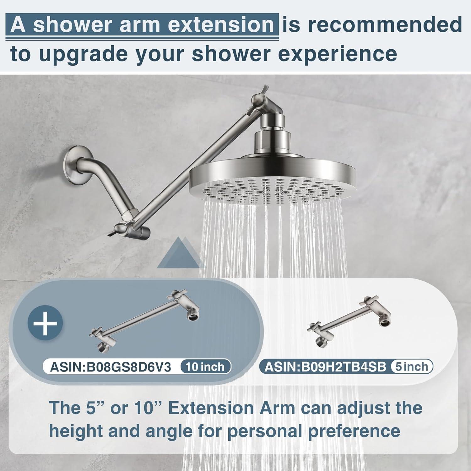 BRIGHT SHOWERS High Pressure Shower Head, 6 Inch Rain Shower Head, 2 Spray Settings Rainfall Shower Heads, Adjustable Angle Replacement Bathroom Showerhead, Easy Installation Brushed Nickel