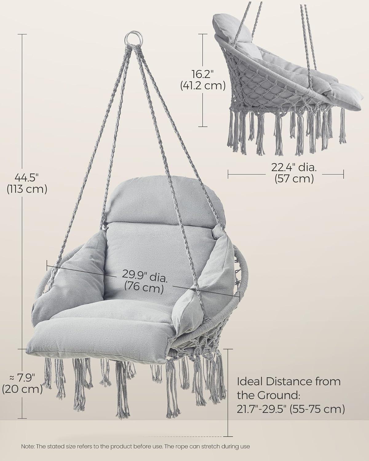 SONGMICS Hanging Chair, Hammock Chair with Large, Thick Cushion, Boho Swing Chair for Bedroom, Patio, Balcony, Garden, Holds up to 264 lb, Accessories Included, Dove Gray UGDC042G11