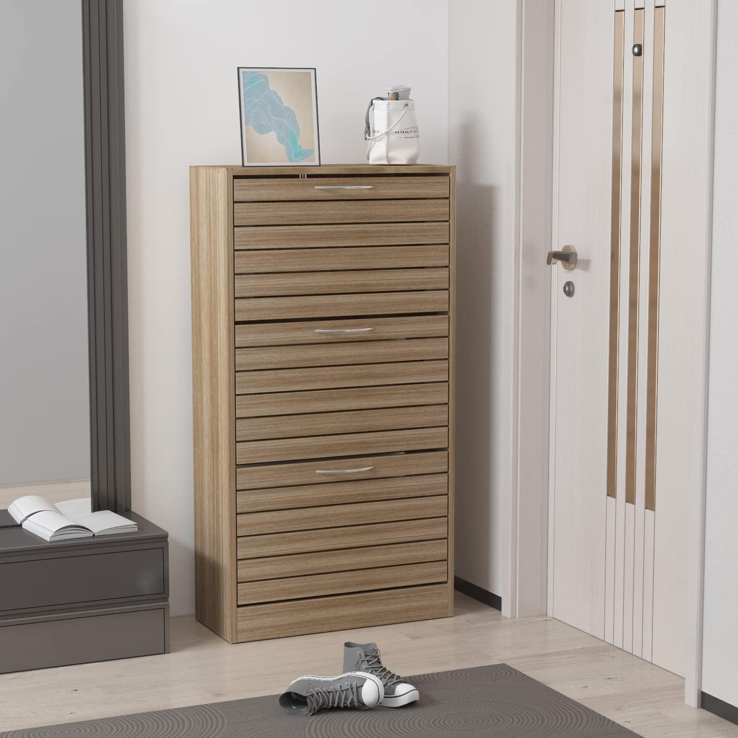 Homsee 3-Drawer Shoe Storage Cabinet with Louver Doors, 3-Tier Wood Shoe Rack Storage Organizer for Entryway, Brown (22.4”L x 9.4”W x 42.3”H)