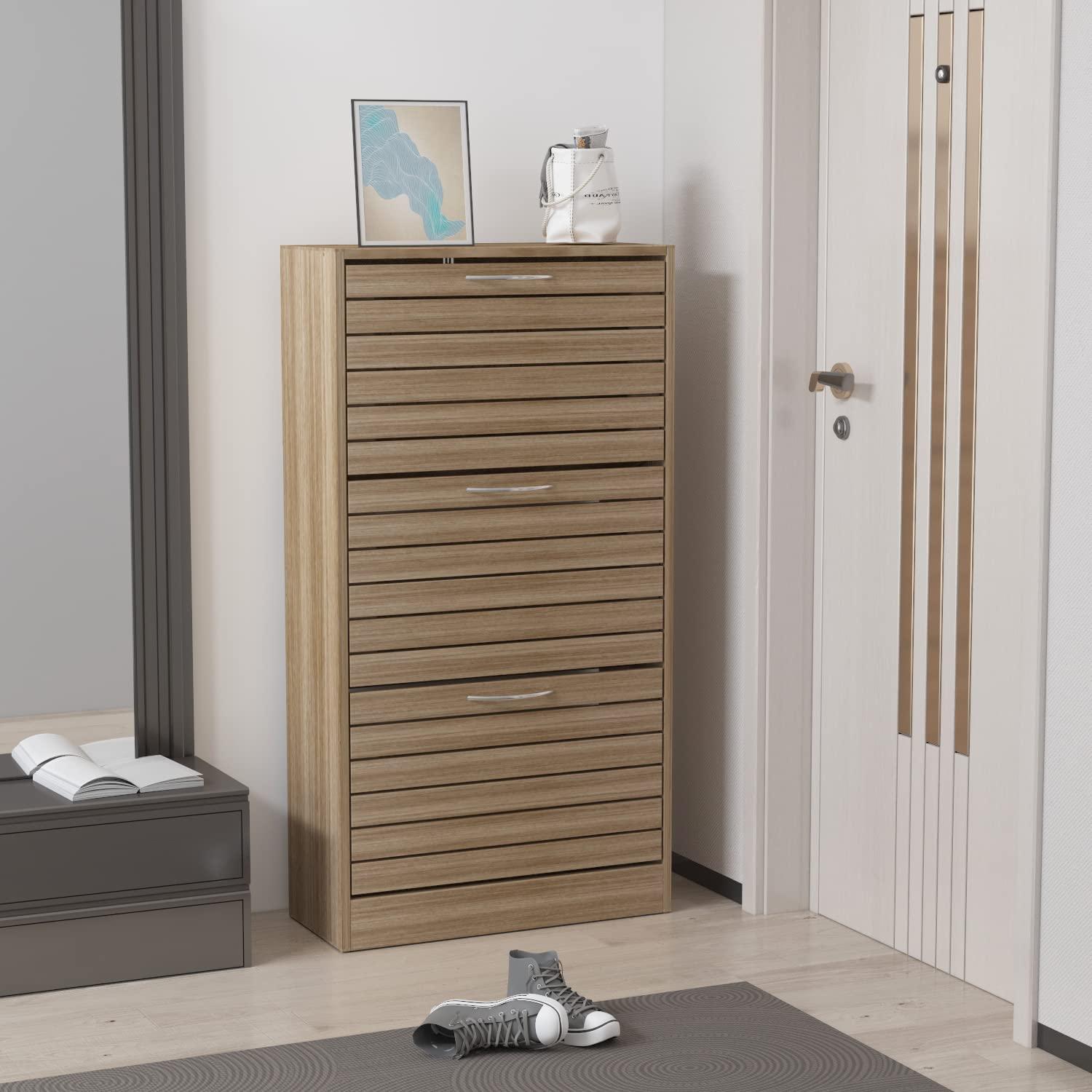 Homsee 3-Drawer Shoe Storage Cabinet with Louver Doors, 3-Tier Wood Shoe Rack Storage Organizer for Entryway, Brown (22.4”L x 9.4”W x 42.3”H)