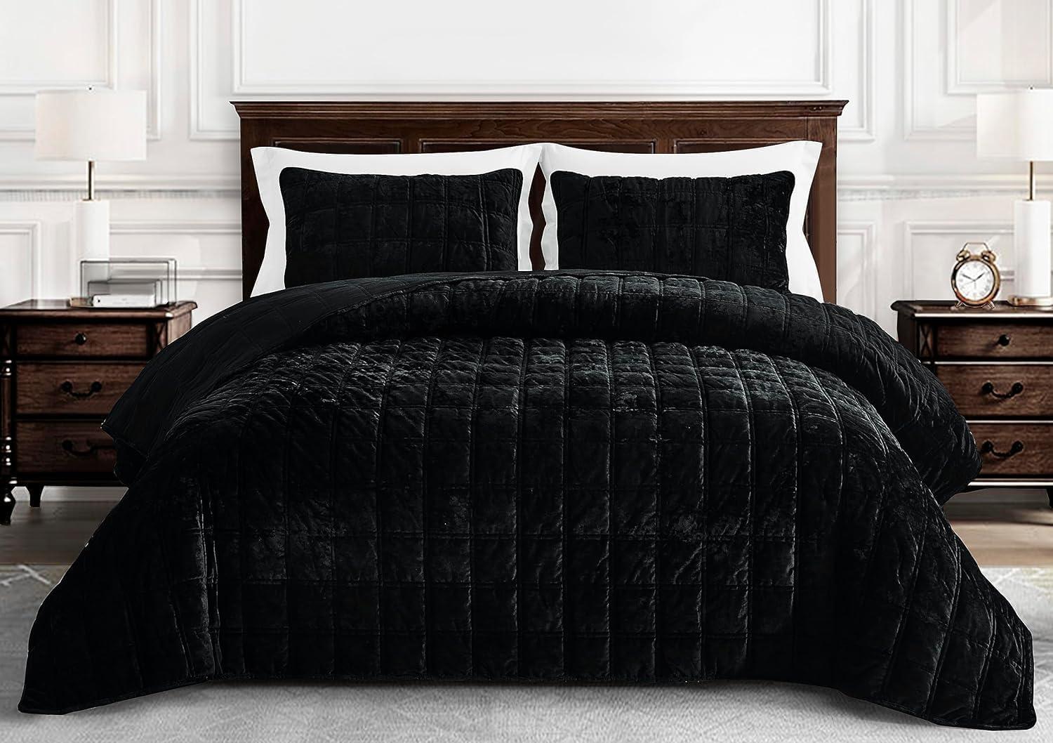 Oversized King Black Velvet Reversible Quilt Set