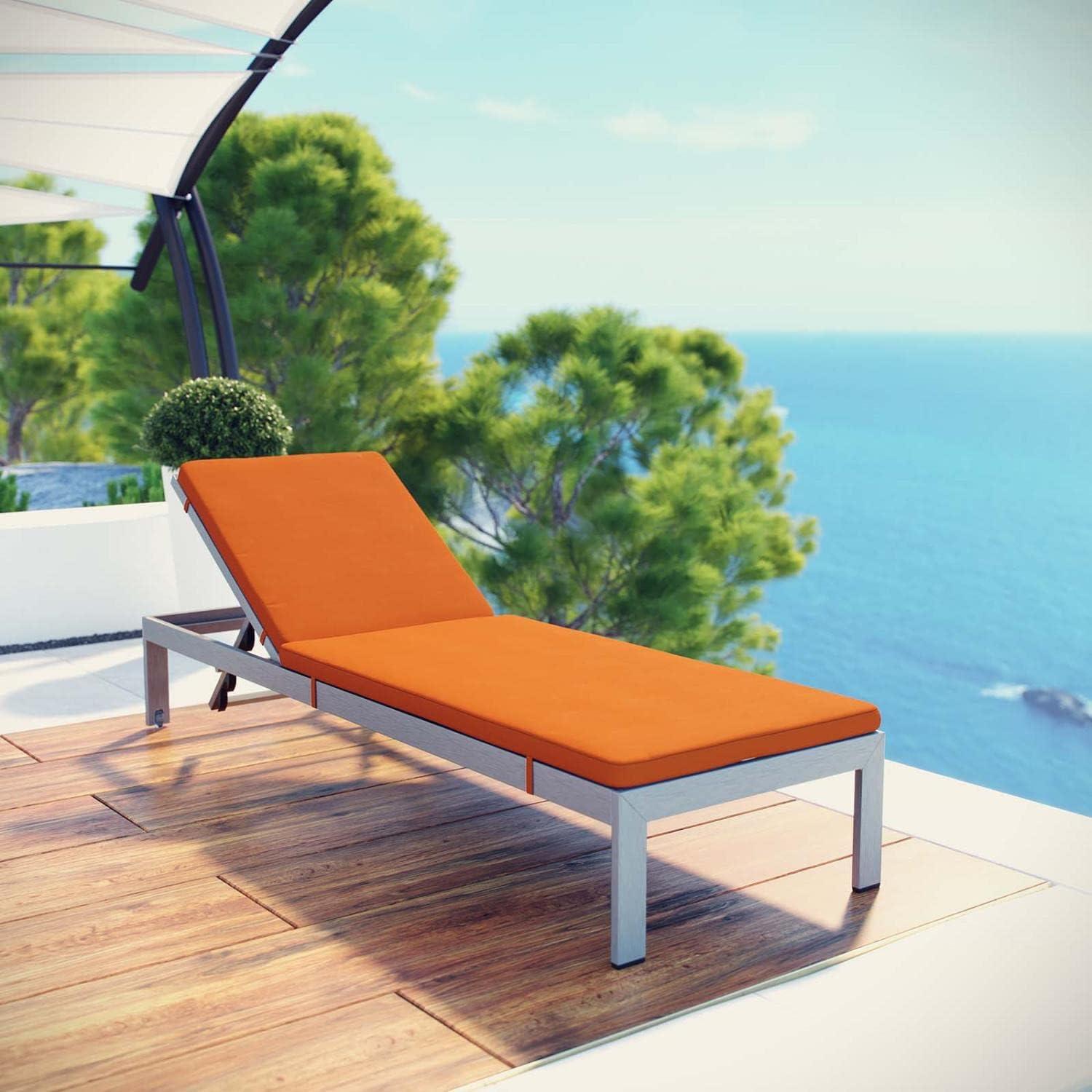 Silver Aluminum Outdoor Chaise Lounger with Orange Cushions