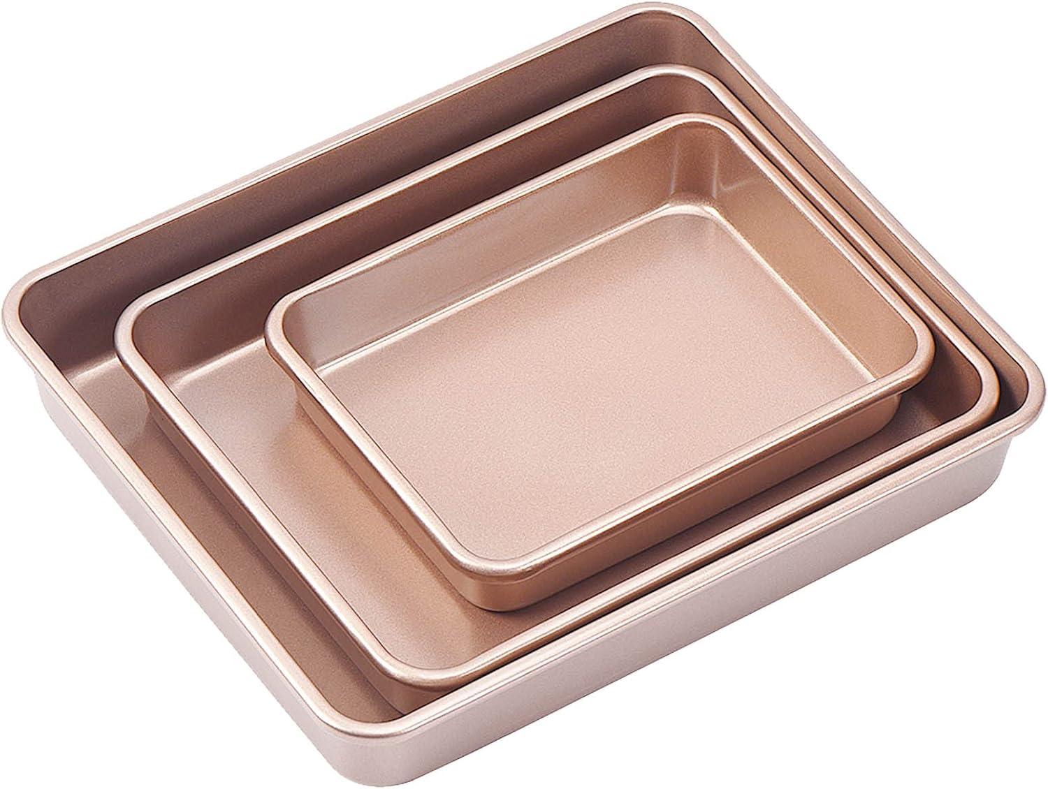 3-Pack Nonstick Bakeware Set, Baking Cookie Sheets, Heavy Duty Rectangular Deep-Dish Cake Pan for Oven (Gold)