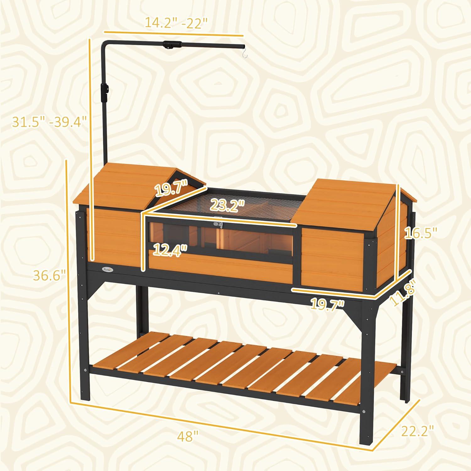 PawHut Tortoise Habitat with Adjustable Lamp Holder, Wooden Tortoise Enclosure with Storage Shelf, Dual Main Houses, Fixed Tray, Openable Lid, Yellow