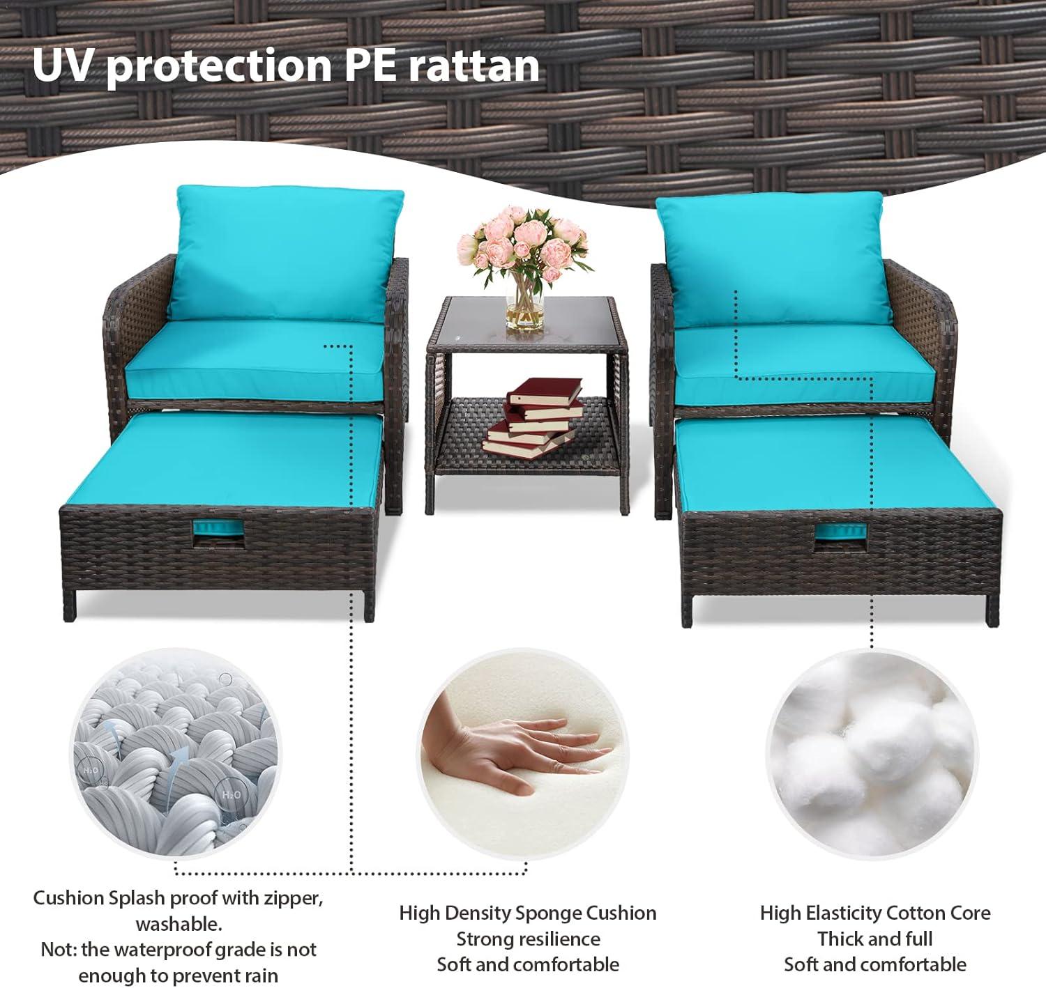 Lake Blue PE Wicker 5-Piece Patio Set with Glass Table