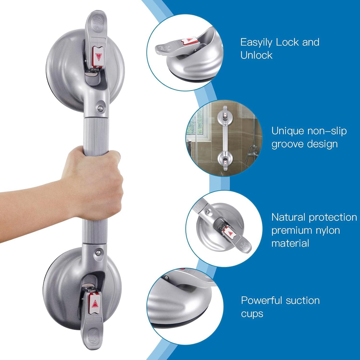 19-Inch Shower Handle - Upgraded Grab Bar with Strong Suction Cups for Bathtub & Shower Safety, Ideal for Seniors, Elderly, Disabled，Silver