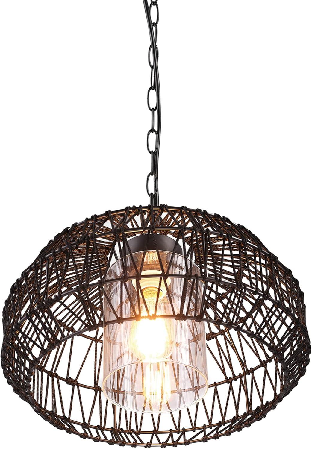 Novogratz x Globe Diego 1-Light Matte Black Woven Fabric Outdoor Plug-In Pendant Light: ETL Listed, Adjustable Height