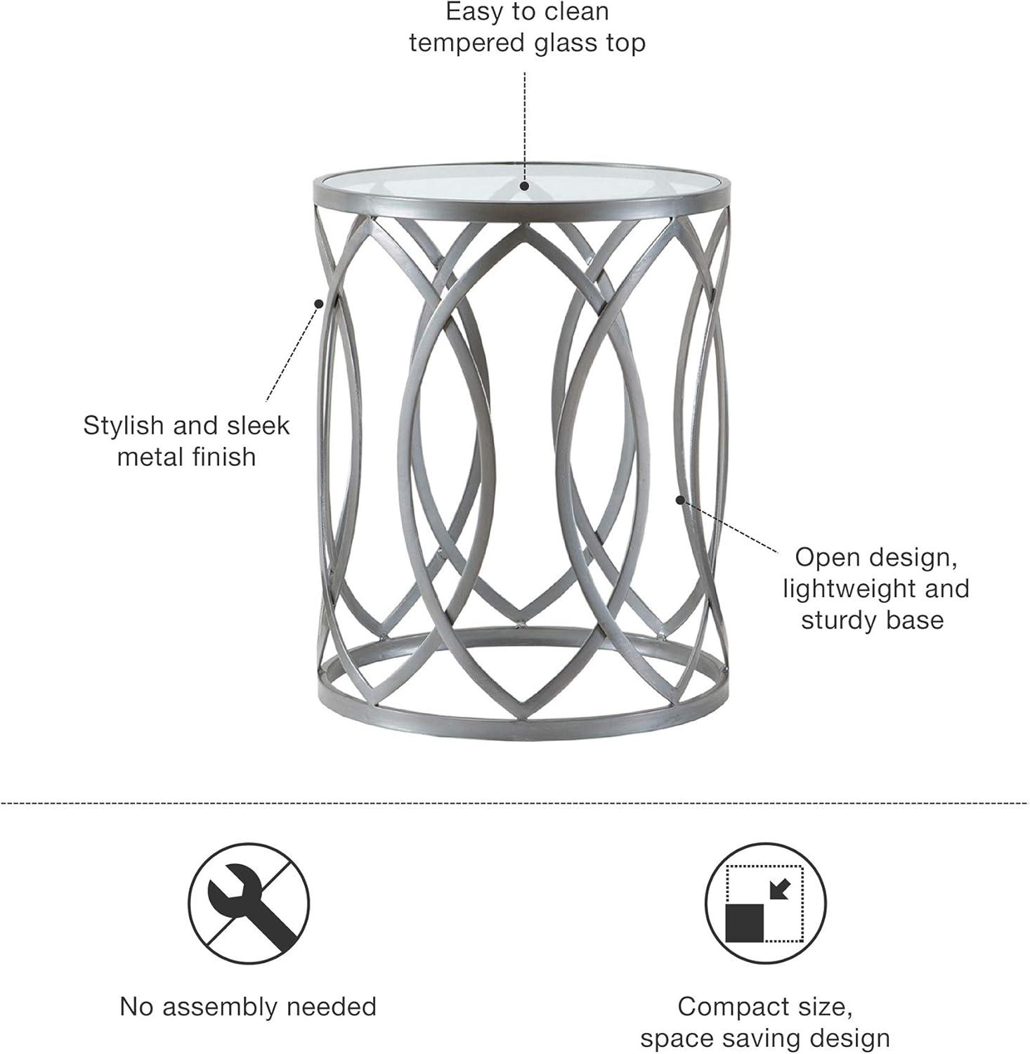 Gaige Metal Eyelet Accent Table - Pewter: Modern Round End, Tempered Glass Top, No Assembly Required