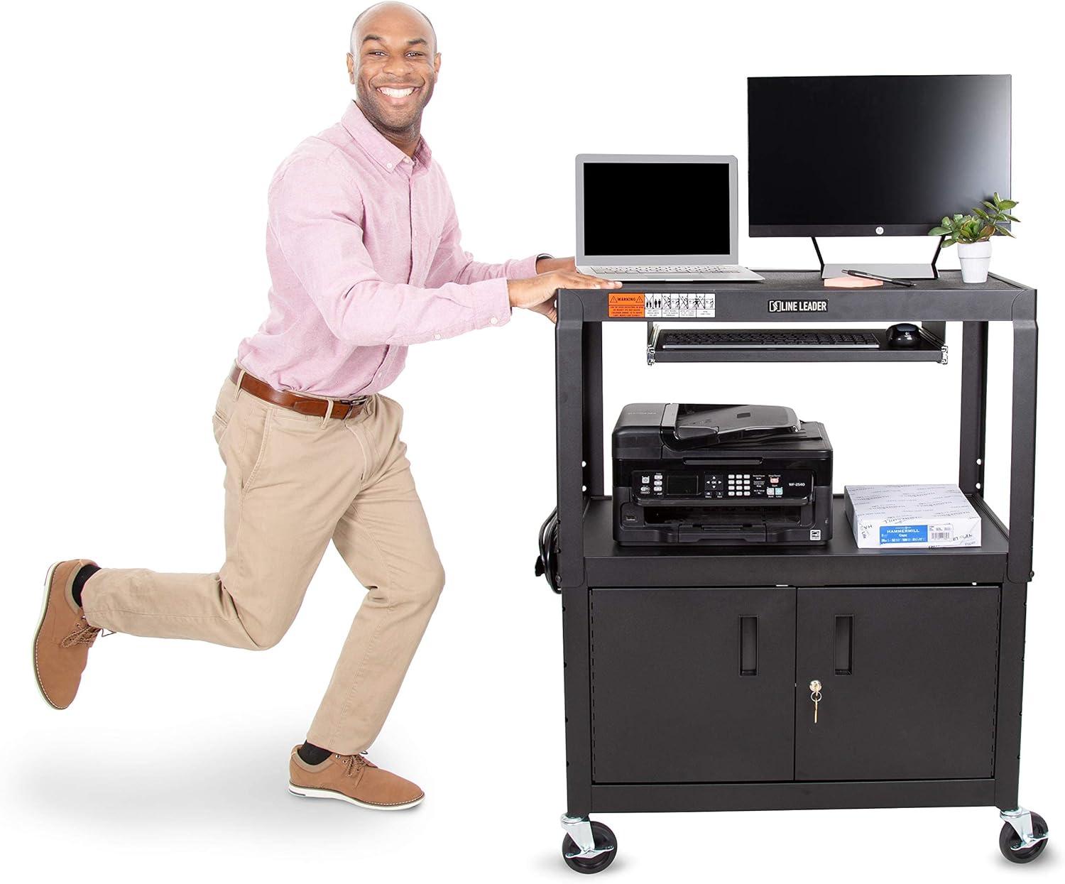 Black Adjustable Height AV Cart with Locking Cabinet and Keyboard Tray