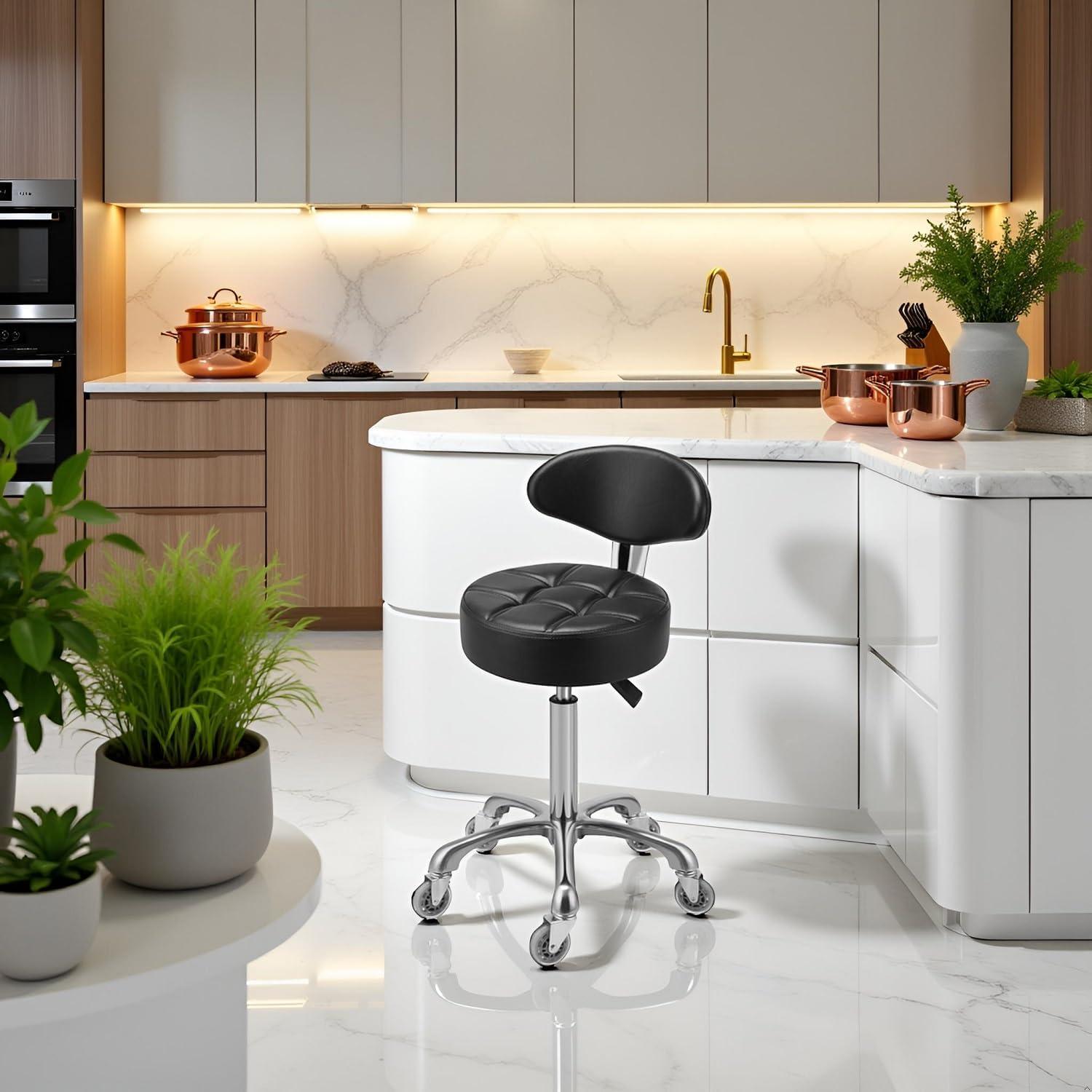 Kaleurrier Rolling Stool Salon Chair with Smooth-Rolling Wheels 360-degree Swivel Seat Heavy Duty Hydraulic Height Adjustable High Barber Cutting Stools (Black, with Backrest)