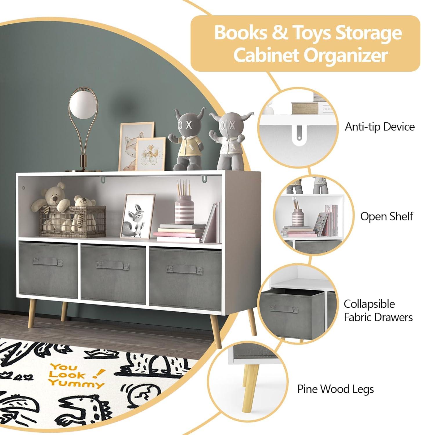 Gray and White Kids Bookcase with Collapsible Fabric Drawers