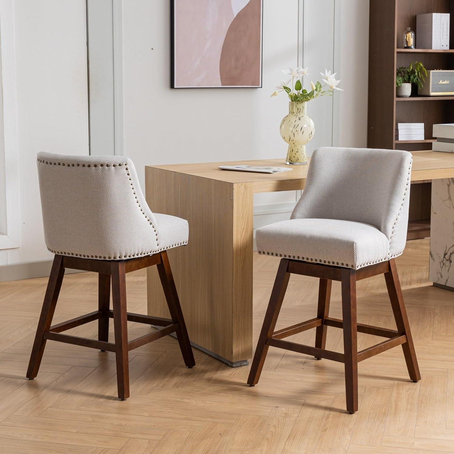 26" Swivel Bar Stools Set of 2, Modern Linen Fabric Counter Stools with Backs and Nail Head Design, Upholstered Barstools with Wood Frame for Kitchen Island, Beige