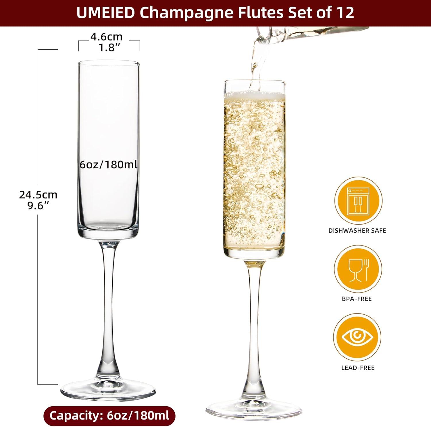 6 Oz Cylinder Champagne Flutes Set of 12 - Elegant Crystal Clear Glassware for Special Occasions - L High Quality and Lead-Free Perfect Gift for Weddings, Anniversaries, and Celebrations Dishwasher|Th