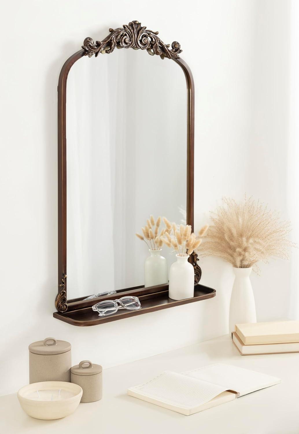 Kate & Laurel All Things Decor 21"x32" Arendahl Traditional Arch Mirror with Shelf Bronze: Elegant Wall-Mounted Metal Frame