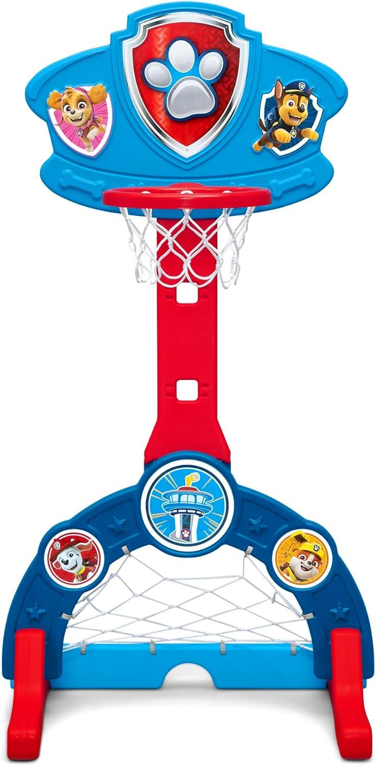 Delta Children - PAW Patrol 4-In-1 Sports Center – Adjustable Easy Score Basketball Hoop, Soccer/Hockey Net And Golf Game – Set Includes: 1 Basketball, 1 Soccer Ball, 2 Golf/Hockey Clubs, 4 Golf/Hockey Balls, Blue