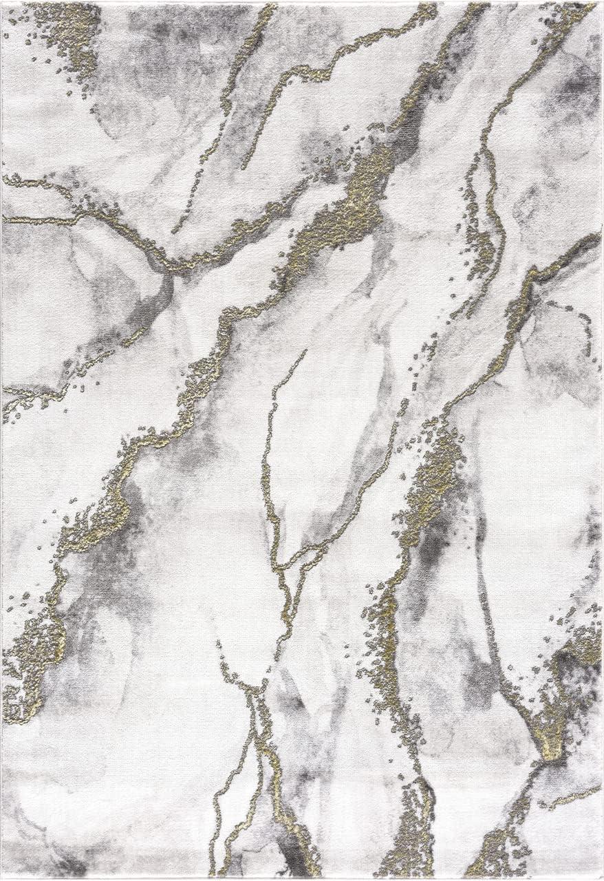 Luna Abstract Marble 5'3" x 7'6" Grey & Gold Synthetic Area Rug