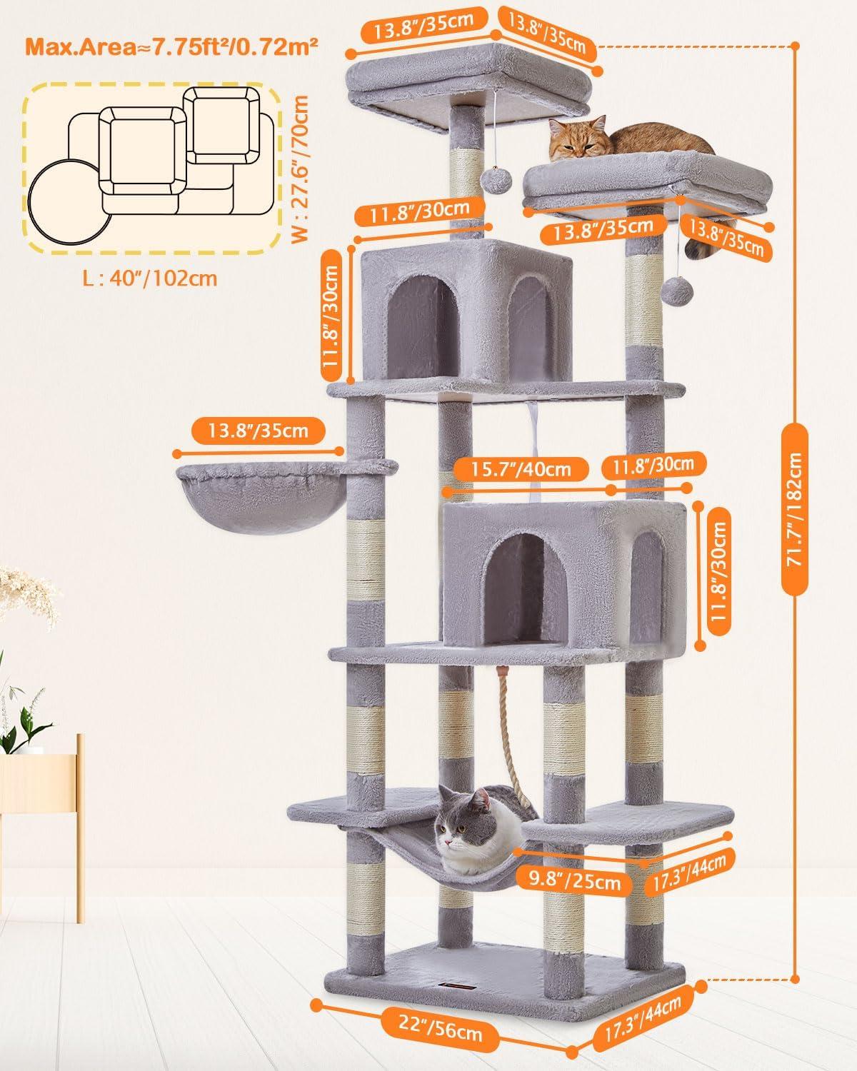 71" Indoor Tall Large Cat Tree Multi-Level Cat House With 2 Big Condo Pad Bed, Cozy Hammock And Scratching Posts