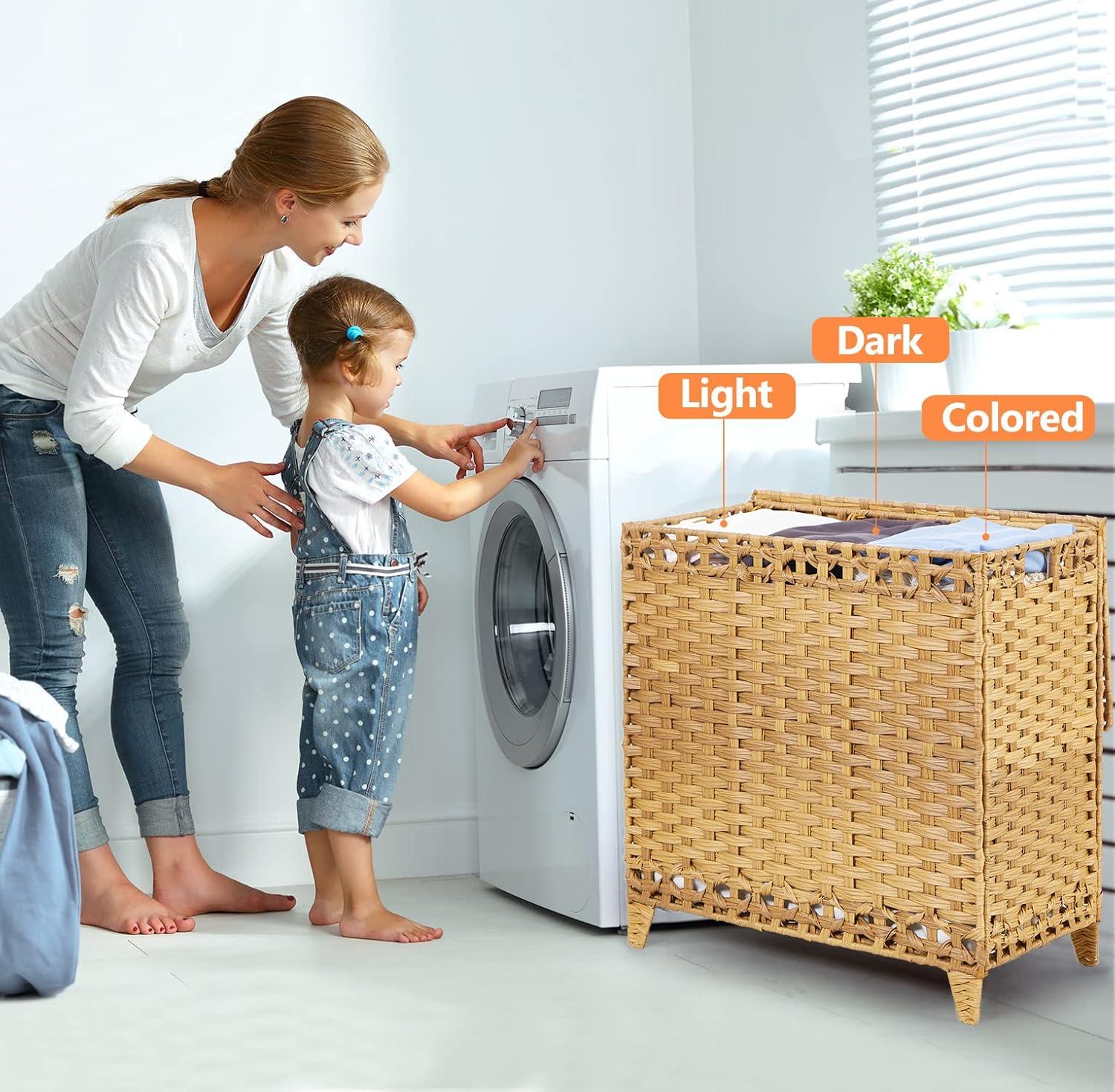 Natural Wicker Laundry Hamper with Lid and Liner Bags