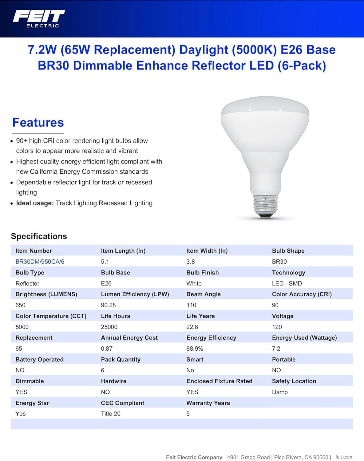 Feit Electric Enhance BR30 E26 (Medium) LED Bulb Daylight 65 Watt Equivalence 6 pk