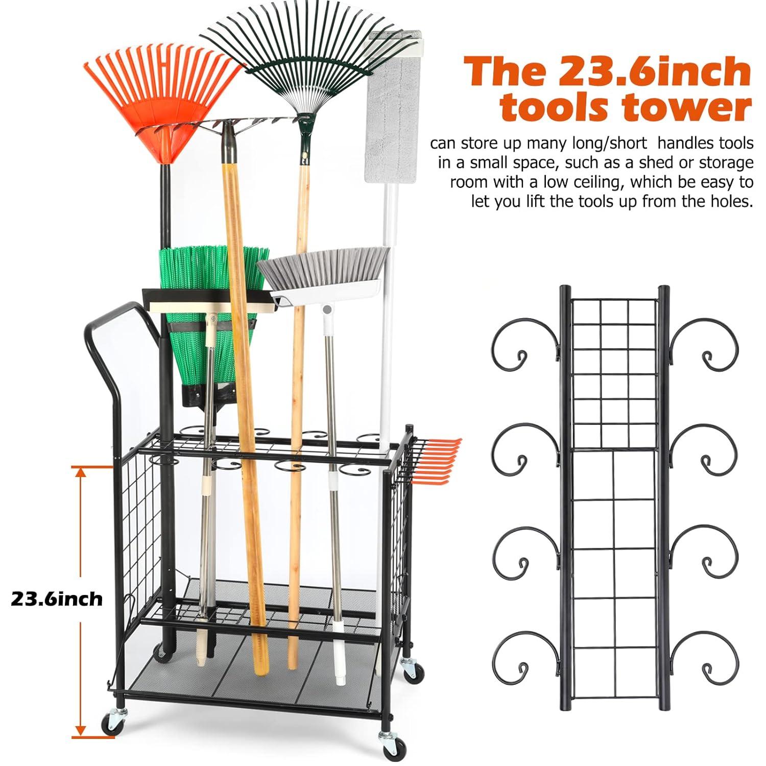 Garden Tool Storage Organizer, Yard Tool Storage for Garage, Shed, Garden Tool Rack Stand on Wheels, Up to 36 Long Handle Tool Storage, Steel, Black (WEY09)