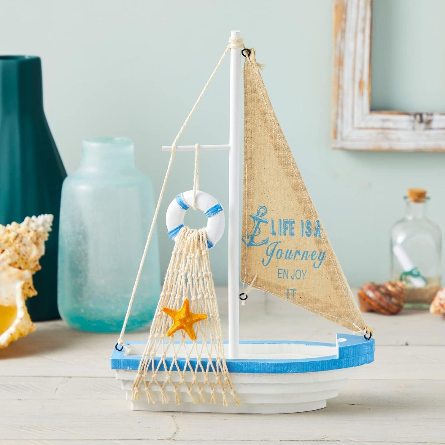 Life is A Journey, Enjoy It Wooden Sailboat Model with Flag, Net, Starfish, and Floating Tube for Nautical Home and Bathroom Boat Decor, Countertop, Shelf (13x8x3 in)