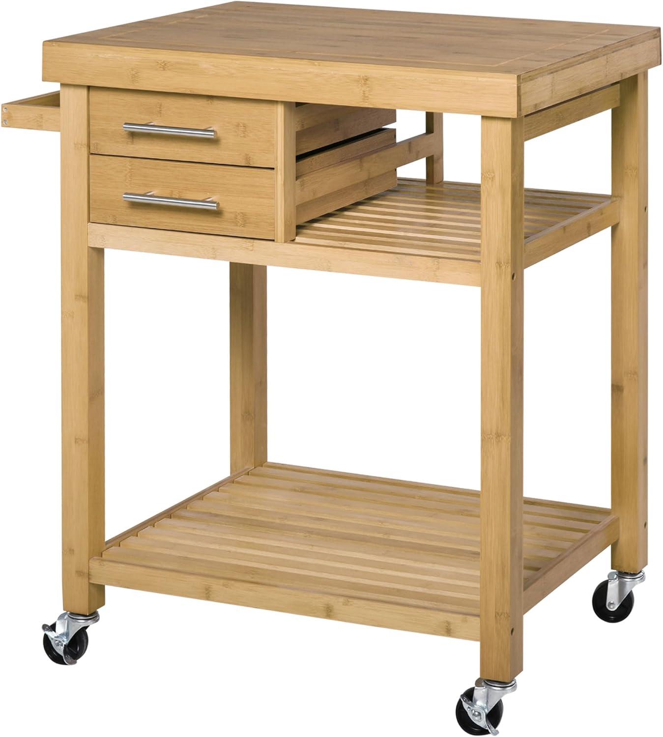 Natural Bamboo Kitchen Island Cart with Storage Drawers and Shelves