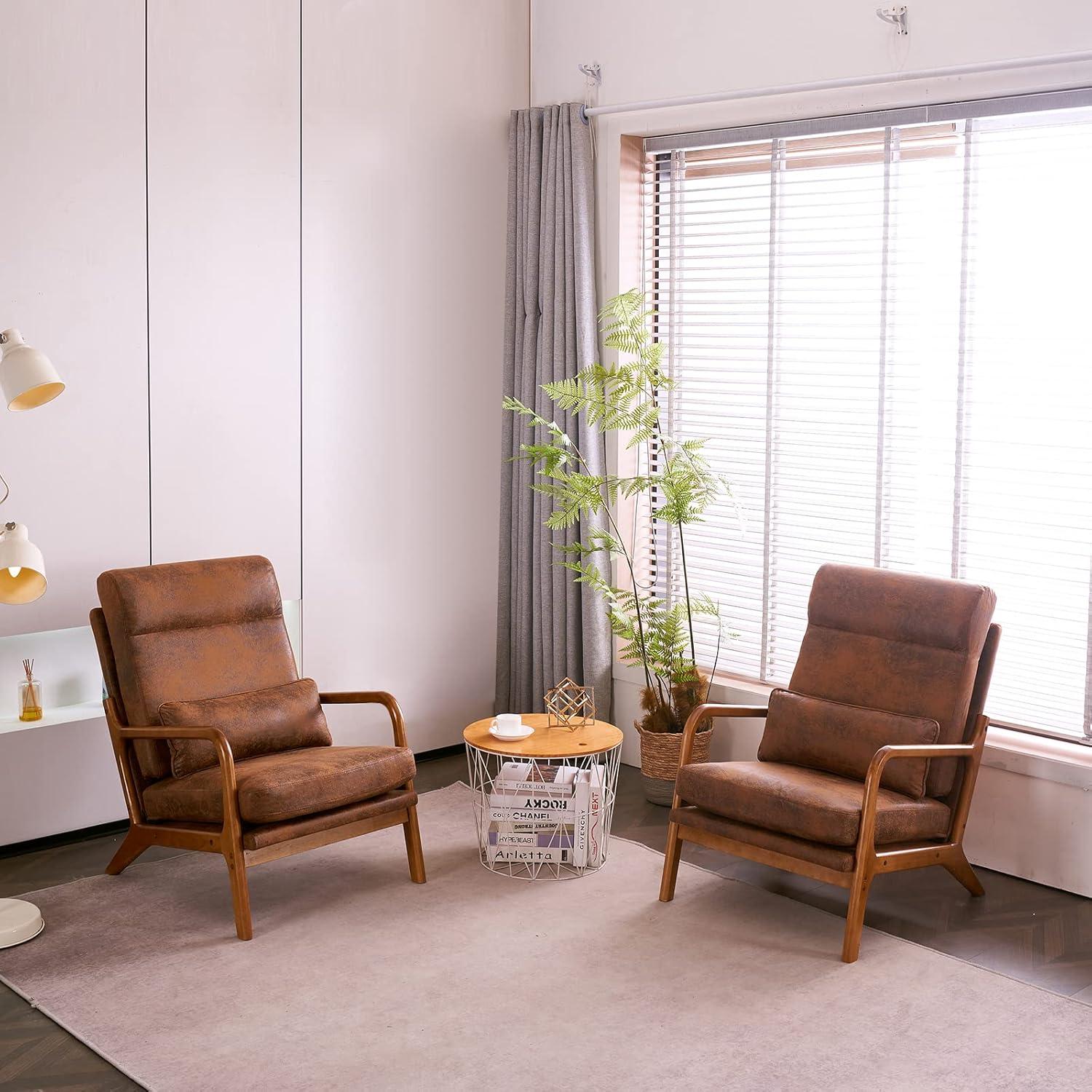 Brown Bronzing Cloth and Oak Wood Mid-Century Modern Armchair