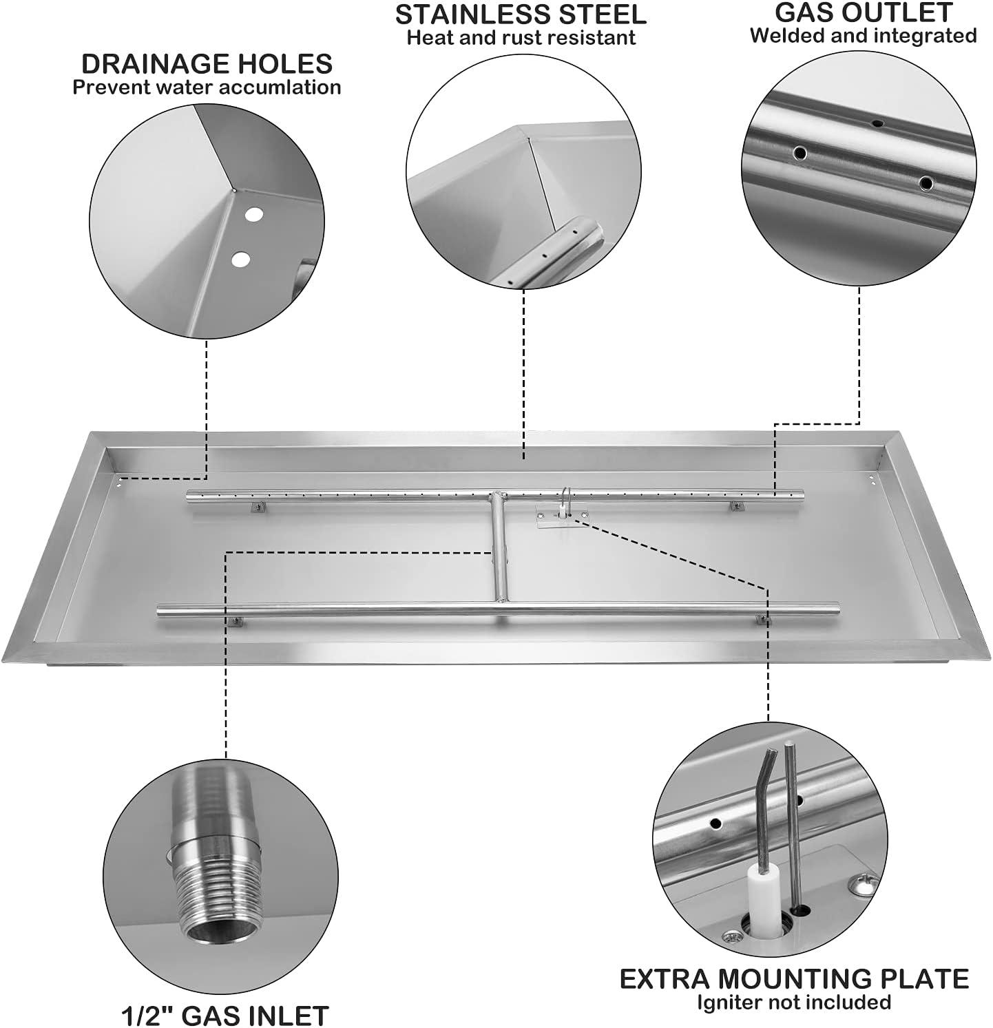 Stainless Steel 48'' Rectangular Gas Fire Pit Kit