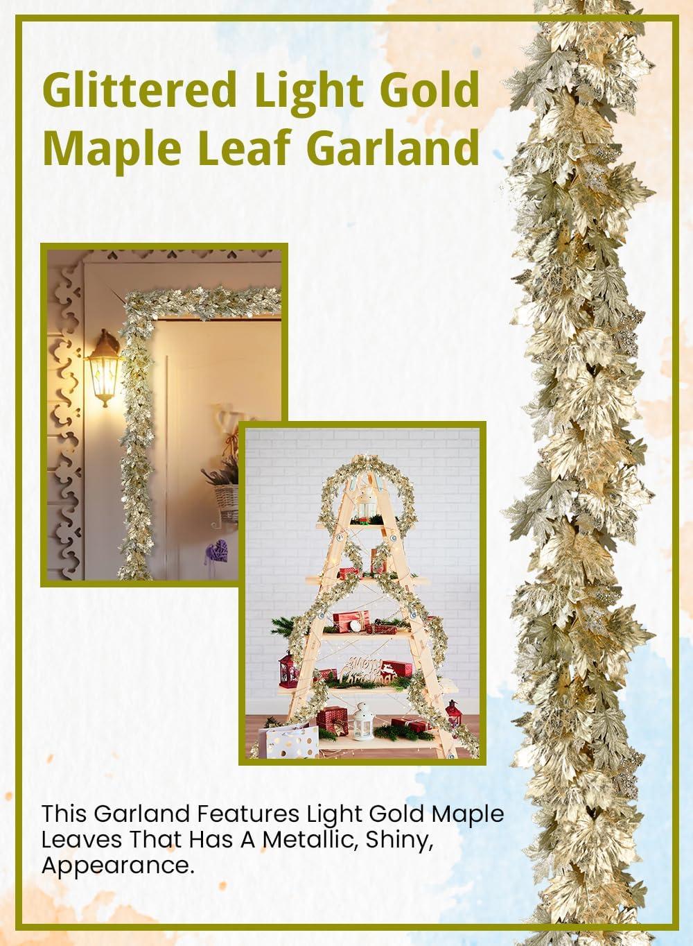 Serene Spaces Living Glitter Light Gold Maple Leaf Garland, Faux Fall Garland for Thanksgiving, Christmas, Fall, 74" Long