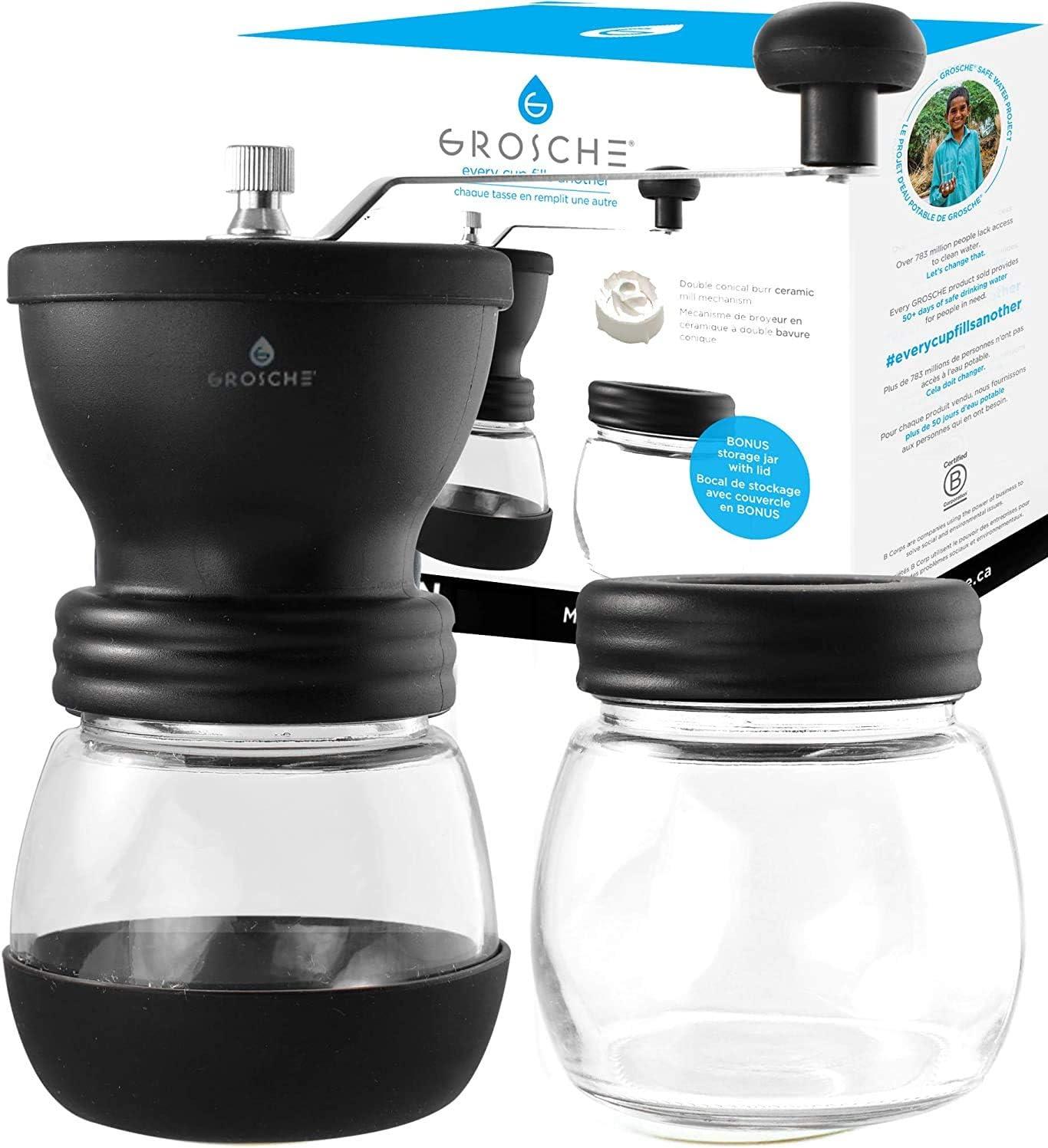 GROSCHE BREMEN Manual Ceramic Conical Burr Coffee Grinder, Spice & Coffee Grinder with Glass Storage Jar