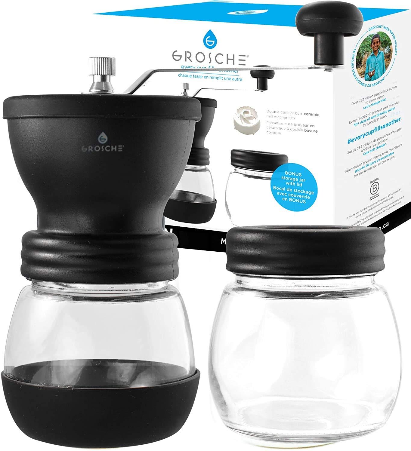 GROSCHE BREMEN Manual Ceramic Conical Burr Coffee Grinder, Spice & Coffee Grinder with Glass Storage Jar