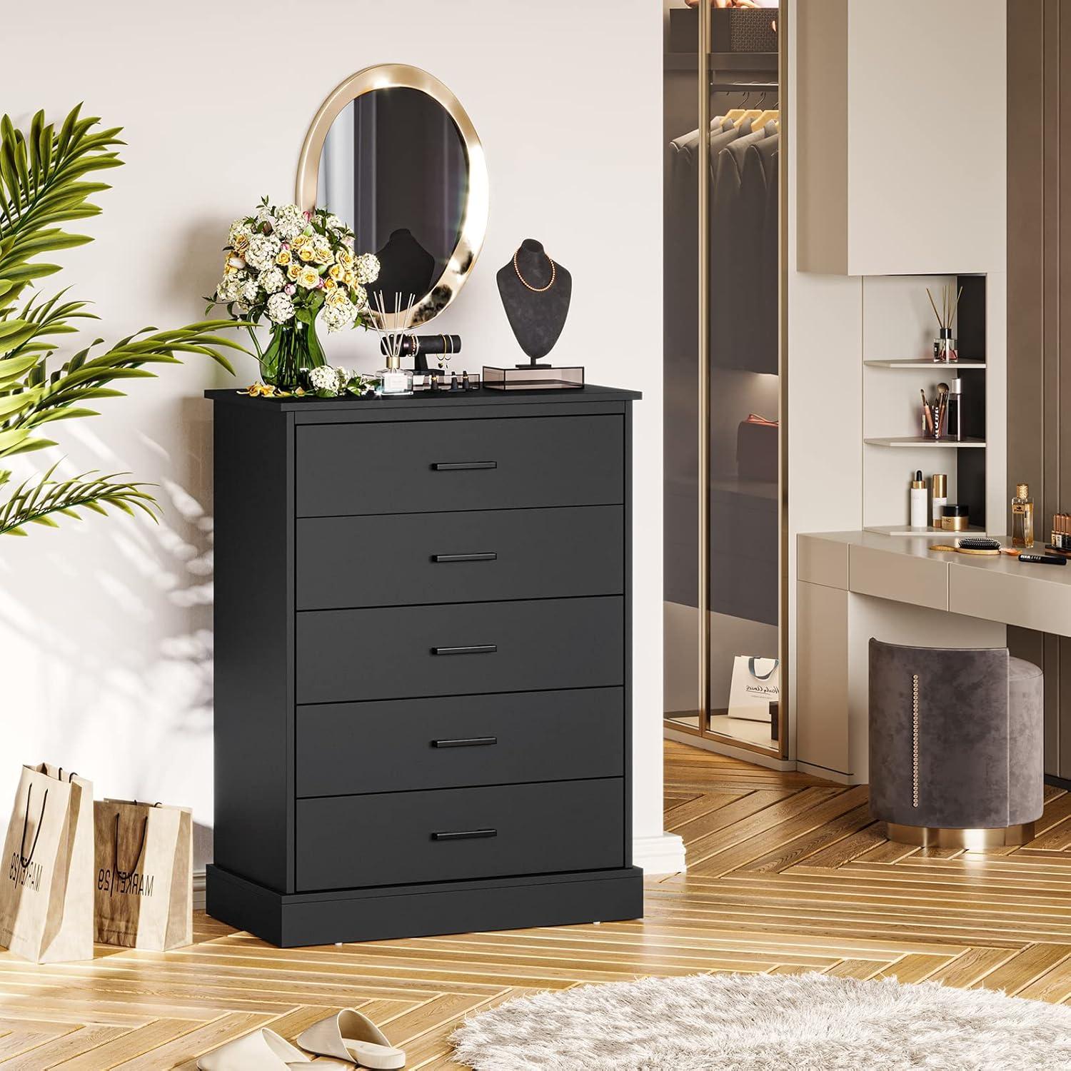 Tall Dresser with 5 Drawers for Bedroom, Storage Tower Clothes Organizer, Black Chest of Drawers with Sturdy Pedestal, 27.6'' W x 15.8'' D x 40.2'' H