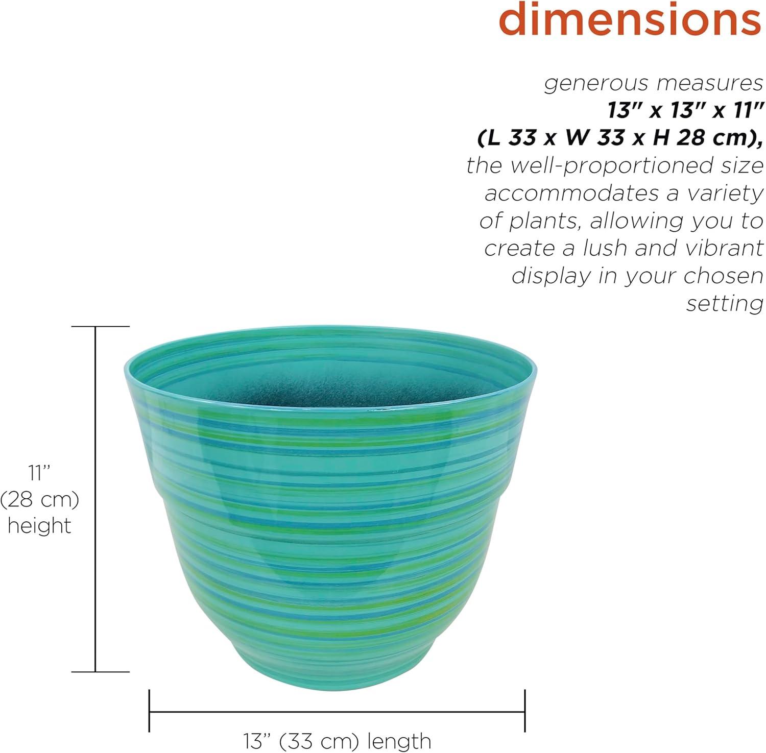 Alpine Corporation Glossy Striped Indoor Outdoor Planter with Drainage Hole Turquoise 13"x13"x11": Polypropylene, Freestanding
