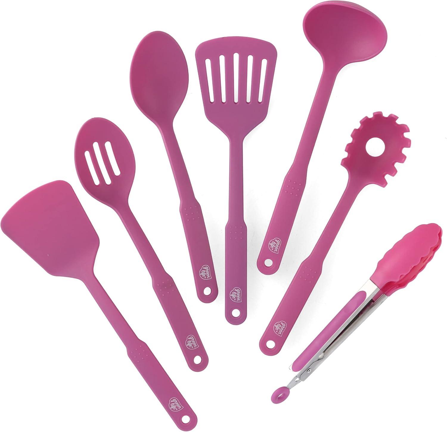 GreenLife Cooking Tools and Utensils, 7 Piece Nylon Set including Spatulas Turner Spoons and Tongs, Dishwasher Safe, Bright Pink