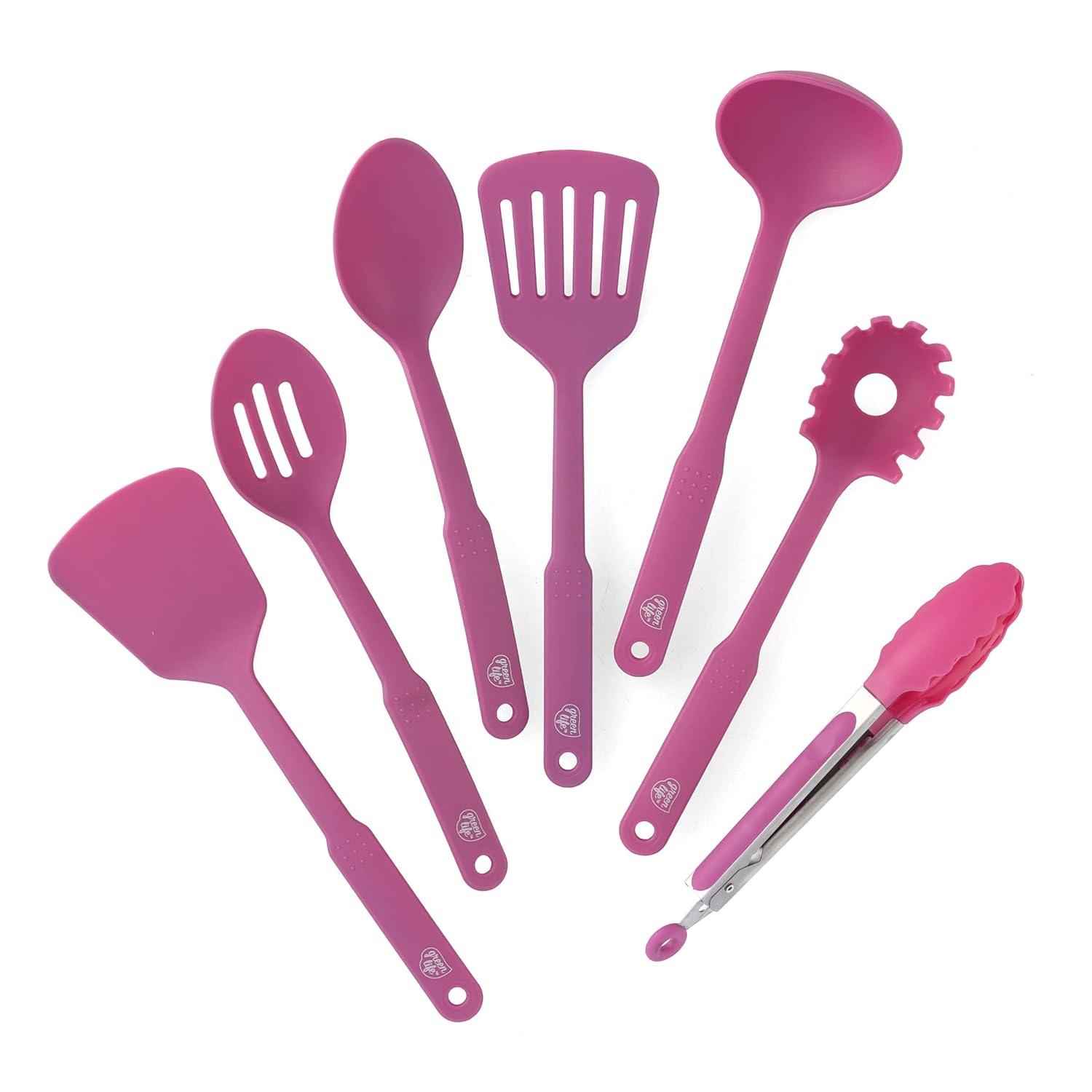 GreenLife Cooking Tools and Utensils, 7 Piece Nylon Set including Spatulas Turner Spoons and Tongs, Dishwasher Safe, Bright Pink