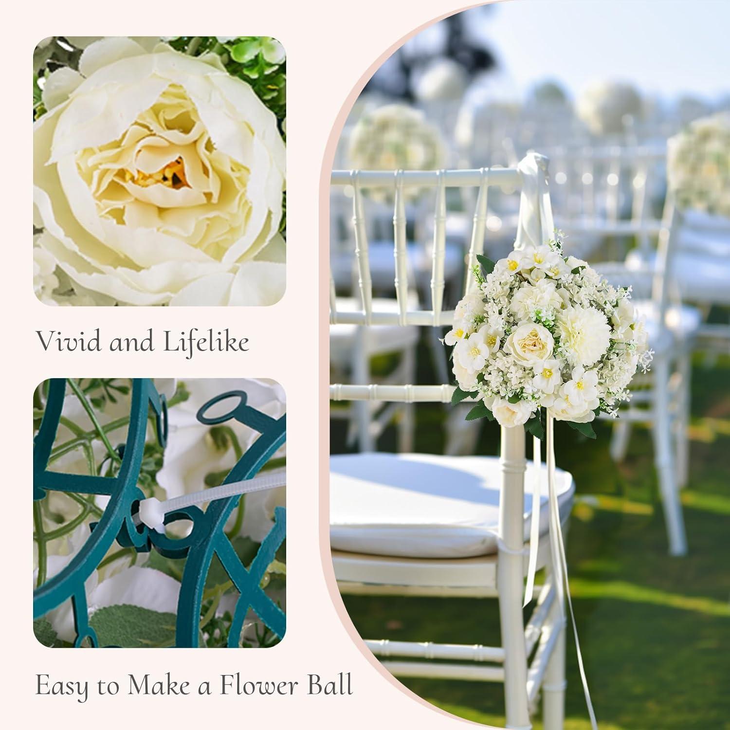 Nuptio Set of 10 White Rose Artificial Flower Kissing ball, 15 Heads Fake Peony Silk Flowers Bouquet for Centerpiece Wedding Birthday Party Home Table Decor