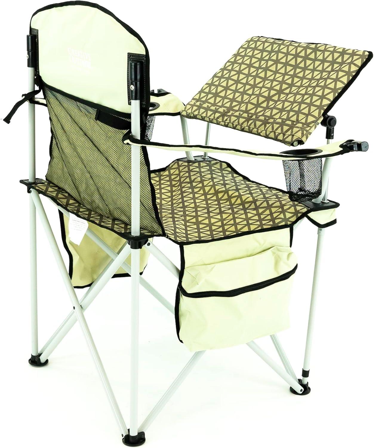 Beige and Brown Folding Camping Chair with Adjustable Table