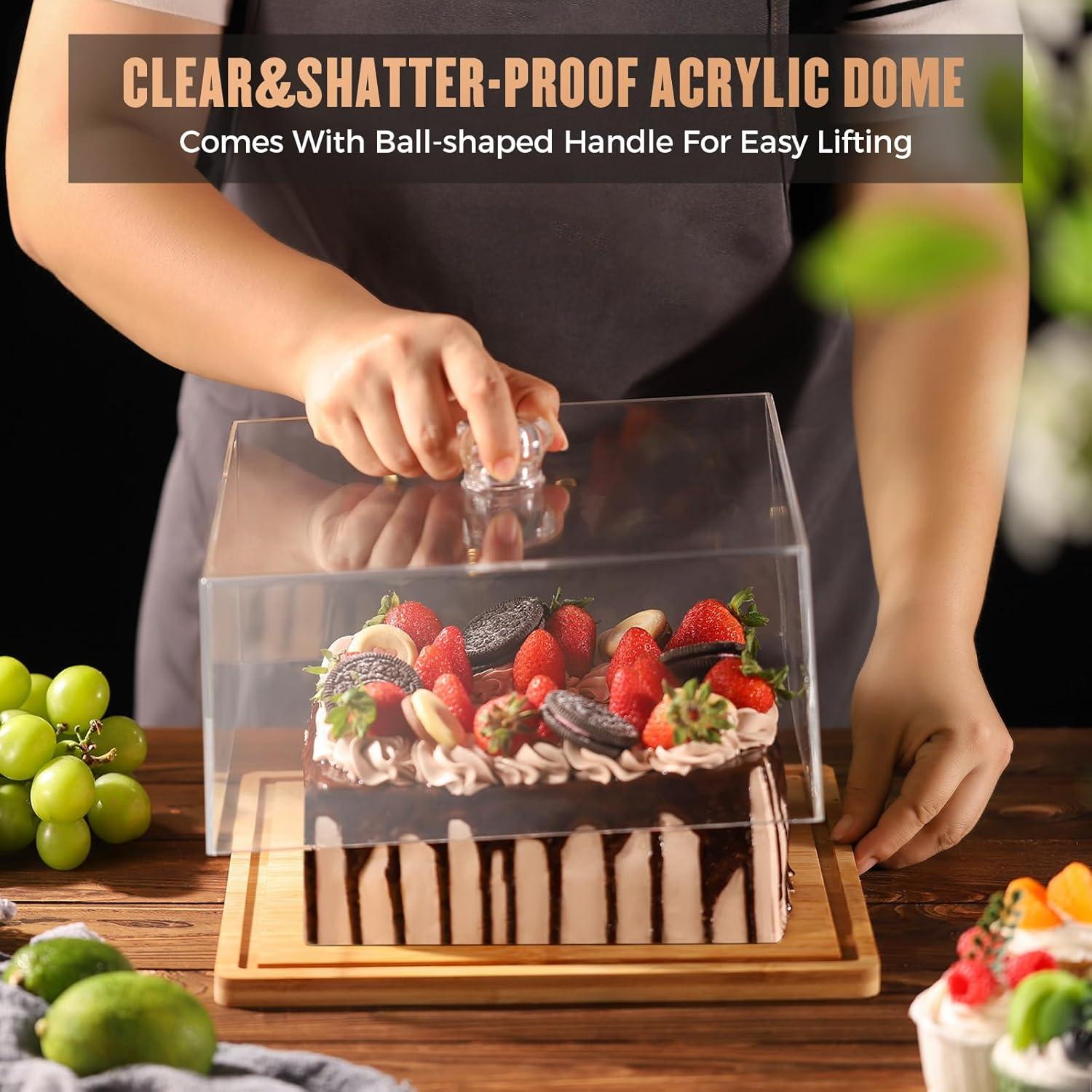 Square Cake Stand with Lid，11in Bamboo Cake Stand with Dome，Dessert Display Stand with Acrylic Cover for Cheese，Pie，Chips & Dips，Serving Platter with Cover for Kitchen/Party/Wedding/Birthday