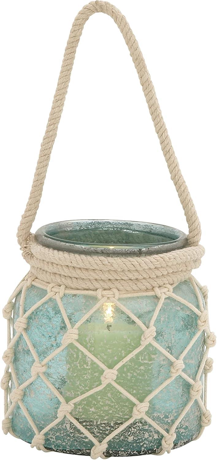 DecMode Blue Glass Decorative Candle Lantern with Rope Handle
