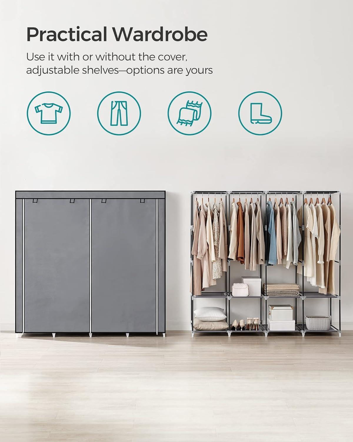 Gray Portable Closet System with Shelves and Hanging Rods