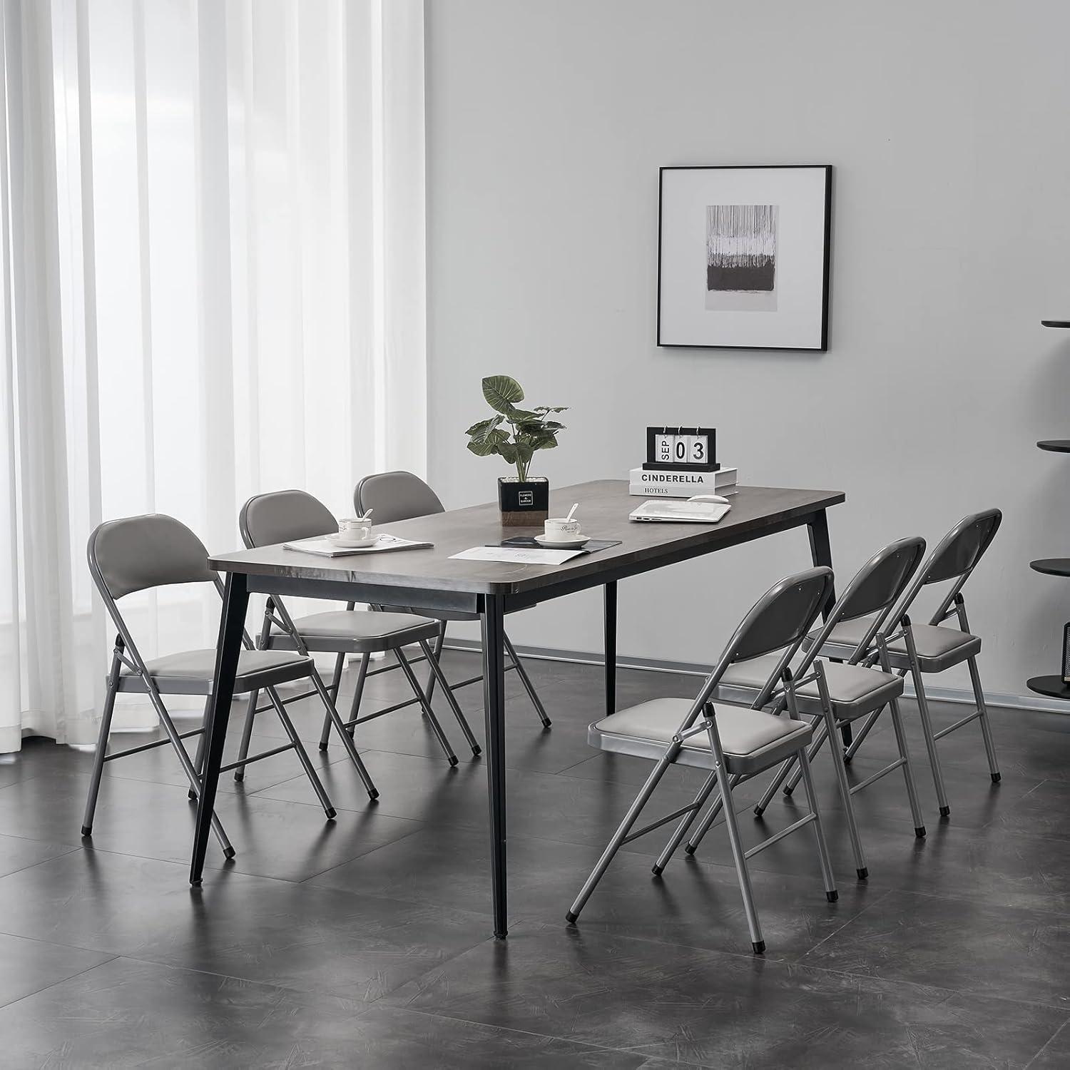 6 Pack Gray Folding Chairs with Padded Cushion and Back for Outside Portable Stackable Commercial Foldable Chairs with Steel Frame for Events Office Wedding Party, 330lbs Capacity