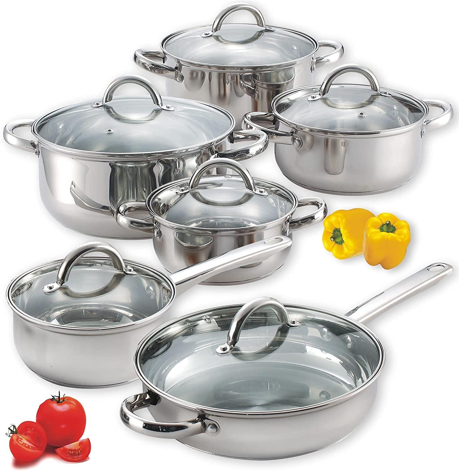 Cook N Home Cook N Home Kitchen Cookware Sets, 12-Piece Basic Stainless Steel Pots and Pans, Silver