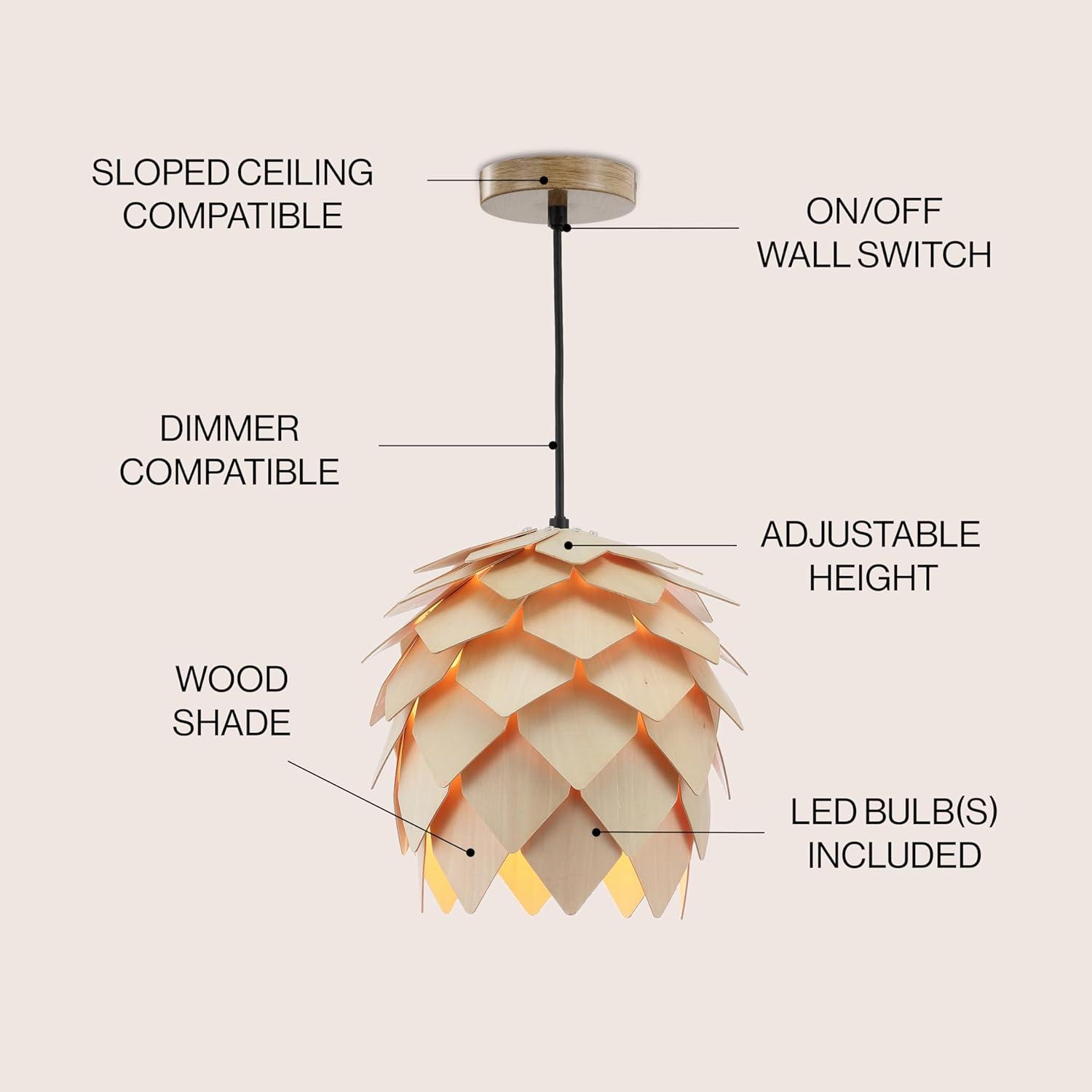 HOZO JYL6125A Simon 11.75" Pinecone Wood LED Pendant Contemporary Dimmable Adjustable Dining Room Living Room Kitchen Foyer Bedroom Hallway, Natural