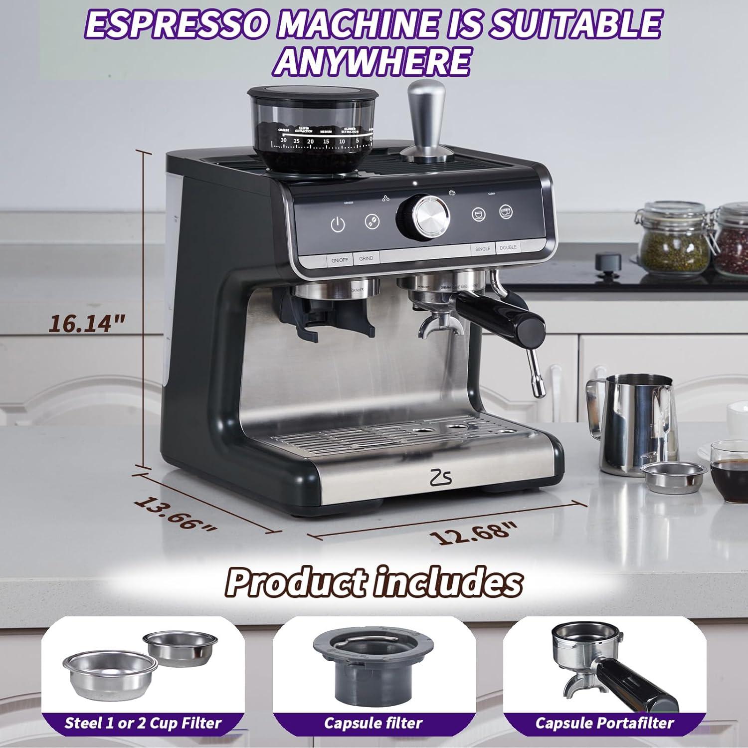 Espresso Machine, 20 Bar Coffee Maker with Milk Frother Steam Wand, Semi-Automatic Coffee Machine for Cappuccino, Latte, Fast Heating, Stainless Steel