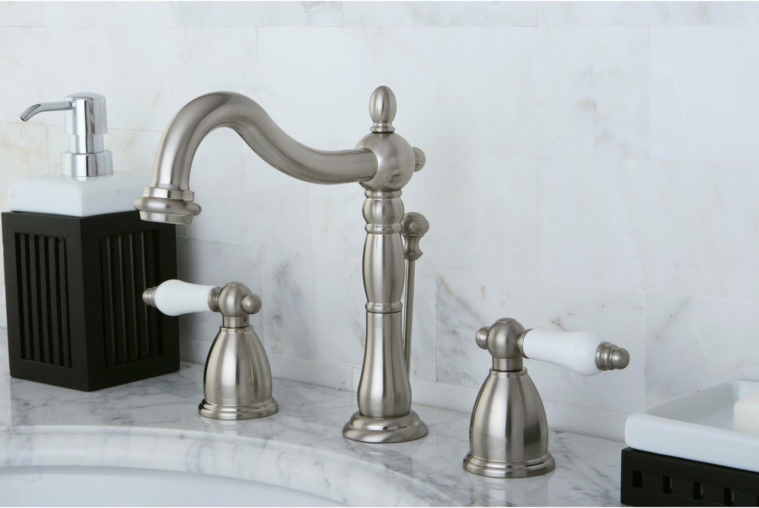 Heritage Brushed Nickel Widespread Lavatory Faucet with Porcelain Lever