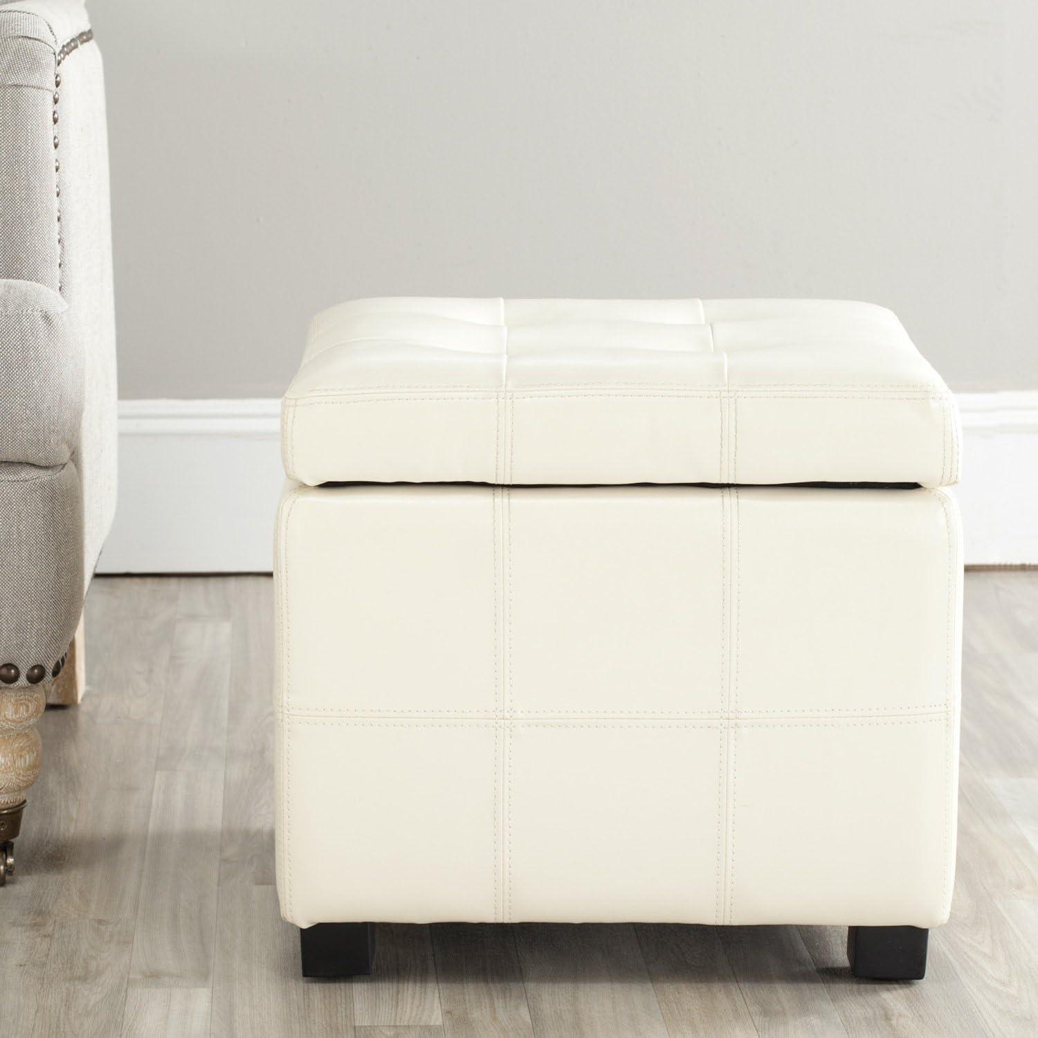 Elegant White Tufted Leather 18'' Storage Ottoman