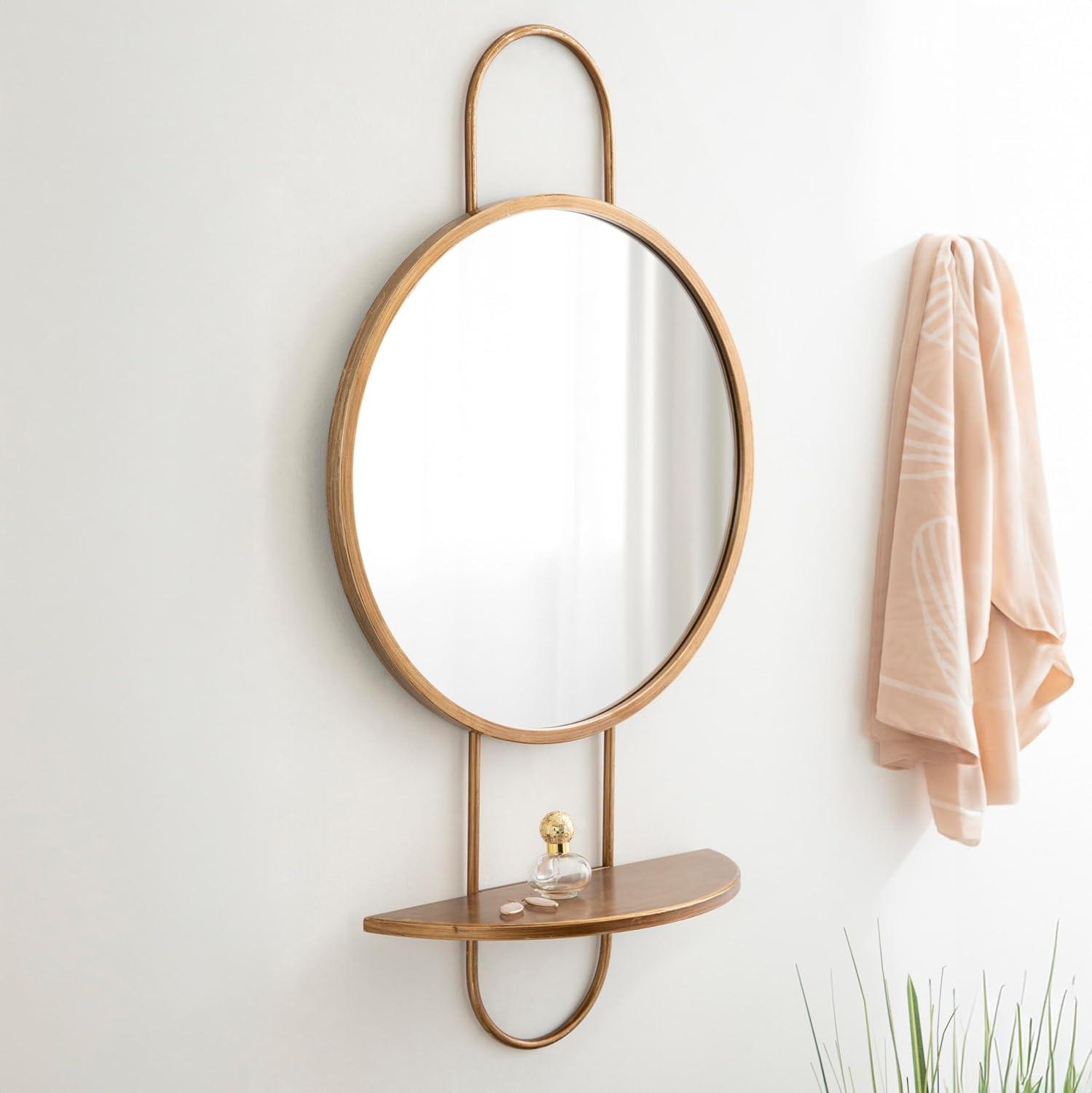 Gold Round Mirror with Wood Shelf, 19" x 33"