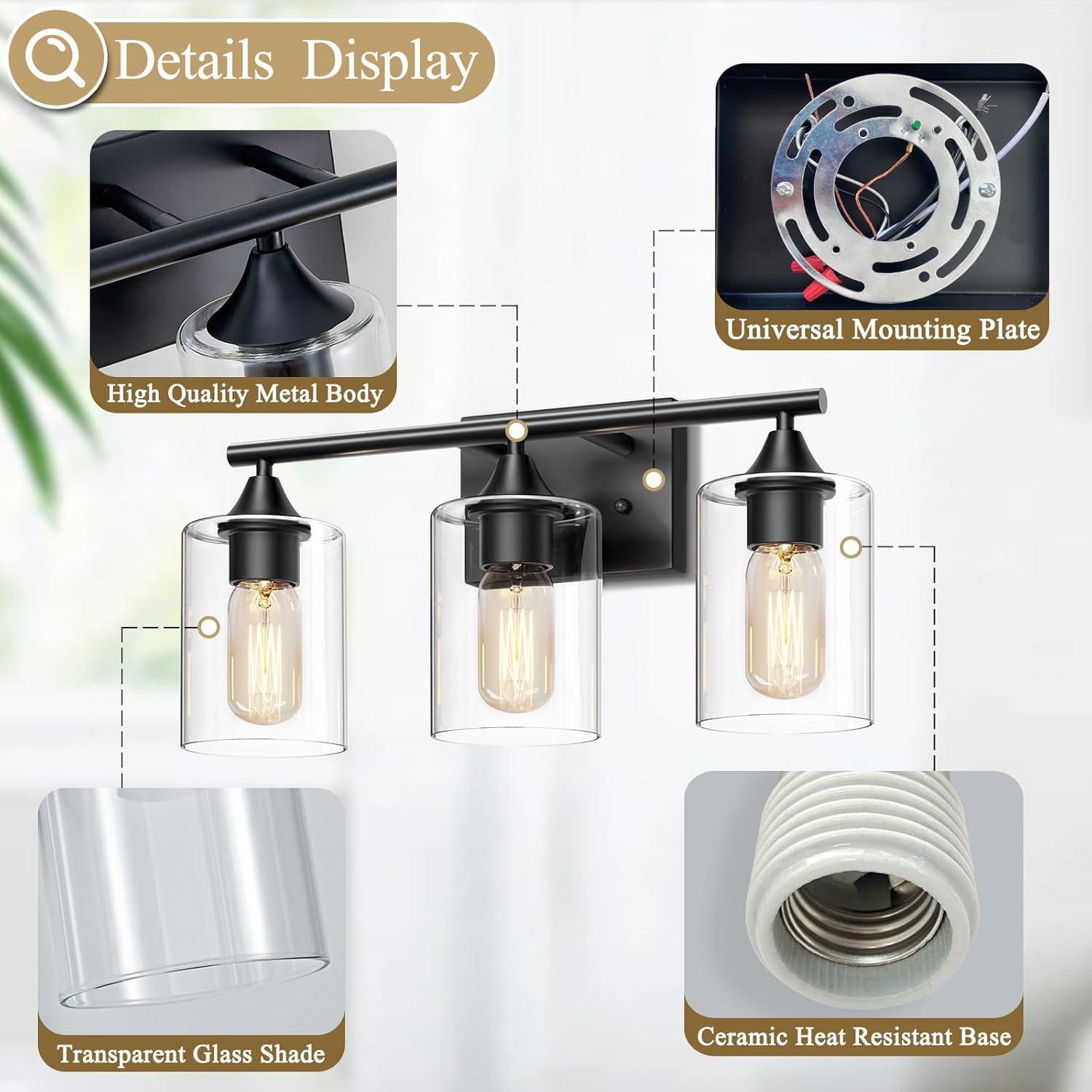 3-Light Bathroom Light Fixtures Bathroom Vanity Lights with Clear Glass Shades Matte Black Bathroom Light Fixtures over mirror for Mirror Living Room Cabinet Bedroom Porch